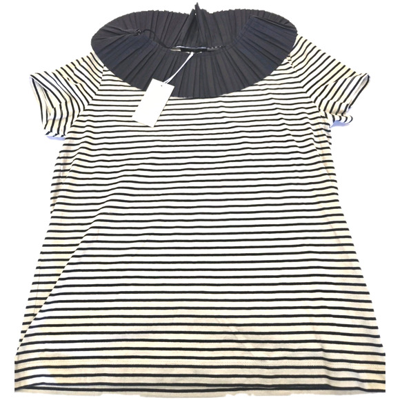 COS NWT Striped Shirt Size Medium Pleated Collar Womens Navy Blue and Off White - Picture 1 of 12